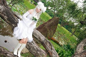 Rating: Safe Score: 0 Tags: 1girl animal_ears bandaged_arm bandaged_leg bandages bare_shoulders boots day dress grass kirakishou knee_boots long_hair moss outdoors solo standing tree white_dress white_footwear white_hair User: admin