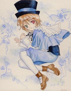Rating: Safe Score: 0 Tags: 1girl blonde_hair brown_footwear capelet flower frills full_body green_eyes hat heterochromia image long_sleeves looking_at_viewer on_side pants red_eyes rose solo souseiseki top_hat User: admin