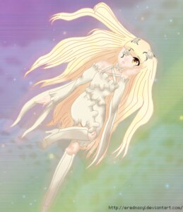 Rating: Safe Score: 0 Tags: 1girl bare_shoulders blonde_hair boots dress image kirakishou long_hair solo very_long_hair white_dress User: admin