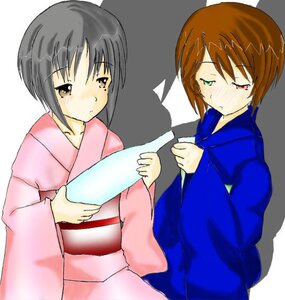 Rating: Safe Score: 0 Tags: 2girls bangs black_hair blush brown_hair closed_mouth frown human japanese_clothes kashiwaba_tomoe kimono long_sleeves multiple_girls one_eye_closed pair sash short_hair simple_background souseiseki User: admin
