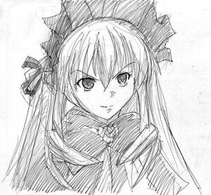 Rating: Safe Score: 0 Tags: 1girl graphite_(medium) greyscale hair_ribbon image long_hair looking_at_viewer monochrome ribbon shinku simple_background sketch smile solo upper_body white_background User: admin