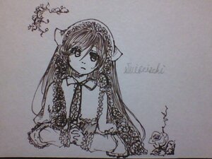 Rating: Safe Score: 0 Tags: 1girl closed_mouth frills hands_together image long_hair long_sleeves looking_at_viewer monochrome own_hands_together simple_background solo suiseiseki traditional_media upper_body User: admin