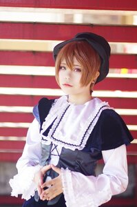 Rating: Safe Score: 0 Tags: 1girl blurry brown_hair depth_of_field dress earrings hat jewelry long_sleeves own_hands_together short_hair solo souseiseki striped User: admin