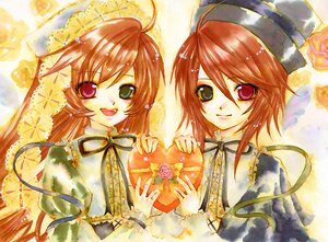 Rating: Safe Score: 0 Tags: 2girls :d ahoge brown_hair dress hat heterochromia image long_hair long_sleeves multiple_girls pair red_eyes ribbon short_hair siblings sisters smile souseiseki suiseiseki twins User: admin
