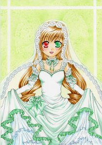 Rating: Safe Score: 0 Tags: 1girl bare_shoulders blonde_hair dress elbow_gloves frills gloves green_eyes heterochromia image long_hair marker_(medium) red_eyes smile solo suiseiseki traditional_media veil very_long_hair wedding_dress User: admin