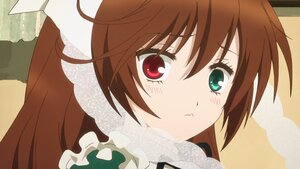 Rating: Safe Score: 0 Tags: 1girl auto_tagged bangs blush brown_hair closed_mouth eyebrows_visible_through_hair frills green_eyes image long_hair looking_at_viewer outdoors red_eyes sky solo suiseiseki User: admin