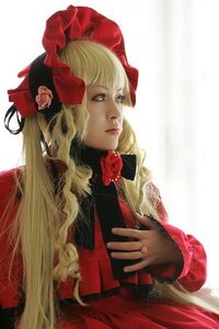Rating: Safe Score: 0 Tags: 1girl bangs blonde_hair blue_eyes bonnet bow dress eyelashes flower lips long_hair long_sleeves realistic red_dress rose shinku solo upper_body User: admin