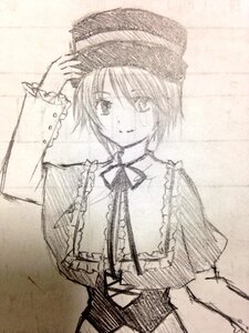 Rating: Safe Score: 0 Tags: 1girl auto_tagged checkered_background frills hat image long_sleeves looking_at_viewer monochrome short_hair smile solo souseiseki upper_body User: admin