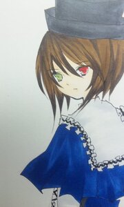 Rating: Safe Score: 0 Tags: 1girl black_headwear blue_dress brown_hair closed_mouth dress frills green_eyes hat heterochromia image long_sleeves looking_at_viewer looking_back red_eyes short_hair simple_background solo souseiseki User: admin