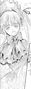 Rating: Safe Score: 0 Tags: 1girl bonnet bow bowtie dress frills greyscale image long_hair monochrome shinku smile solo tears twintails User: admin