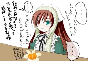 Rating: Safe Score: 0 Tags: ... 1girl blush brown_hair dress food fruit green_dress green_eyes head_scarf heterochromia image long_hair long_sleeves red_eyes ribbon simple_background solo speech_bubble spoken_ellipsis suiseiseki table tears white_background User: admin