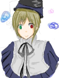 Rating: Safe Score: 0 Tags: 1girl blonde_hair green_eyes hat heterochromia image long_sleeves looking_at_viewer red_eyes ribbon rose short_hair simple_background smile solo souseiseki spoken_squiggle squiggle striped upper_body white_background User: admin