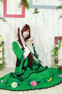 Rating: Safe Score: 0 Tags: 1girl apron brown_hair dress flower green_dress green_eyes long_hair plant sitting solo suiseiseki window User: admin