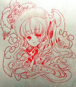 Rating: Safe Score: 0 Tags: 1girl bangs blush bow dress drill_hair eyebrows_visible_through_hair flower frills image long_hair looking_at_viewer monochrome red_theme rose shinku solo traditional_media User: admin