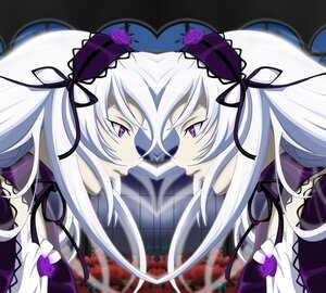 Rating: Safe Score: 0 Tags: 2girls black_ribbon eye_contact flower frills hairband image lolita_hairband long_hair looking_at_another multiple_girls profile purple_eyes purple_rose ribbon rose silver_hair solo suigintou wings User: admin