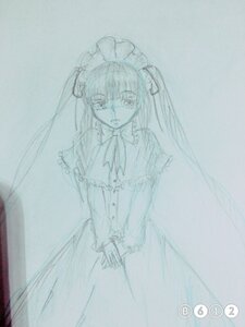 Rating: Safe Score: 0 Tags: 1girl blue_theme dress frills long_sleeves looking_at_viewer monochrome simple_background solo standing twintails v_arms User: admin