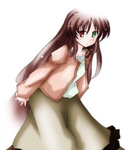 Rating: Safe Score: 0 Tags: 1girl black_skirt blush brown_hair cowboy_shot green_eyes heterochromia image long_hair long_sleeves looking_at_viewer red_eyes shirt simple_background skirt solo standing suiseiseki white_background User: admin