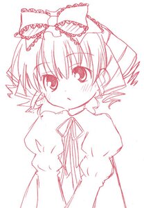Rating: Safe Score: 0 Tags: 1girl blush bow dress drill_hair eyebrows_visible_through_hair hair_bow hinaichigo image juliet_sleeves long_sleeves looking_at_viewer monochrome puffy_short_sleeves puffy_sleeves ribbon simple_background solo white_background User: admin