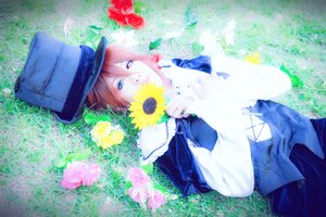 Rating: Safe Score: 0 Tags: 1boy blue_eyes flower grass hat lying red_hair solo souseiseki sunflower top_hat User: admin