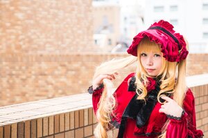 Rating: Safe Score: 0 Tags: 1girl bangs blonde_hair blue_eyes blurry blurry_background bonnet building depth_of_field dress flower lips lolita_fashion long_hair long_sleeves looking_at_viewer outdoors red_dress shinku solo upper_body User: admin