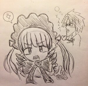 Rating: Safe Score: 0 Tags: 1boy 1girl :d anger_vein dress eyebrows_visible_through_hair heart image monochrome open_mouth shinku simple_background smile solo traditional_media User: admin