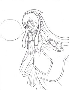 Rating: Safe Score: 0 Tags: 1girl dress greyscale image lineart long_hair long_sleeves monochrome monster_girl smile solo suiseiseki very_long_hair User: admin