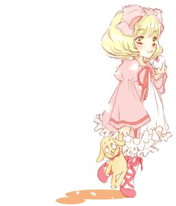 Rating: Safe Score: 0 Tags: 1girl blonde_hair blush bow dress green_eyes hina_ichigo hinaichigo holding image long_sleeves pink_bow pink_dress short_hair solo standing striped User: admin
