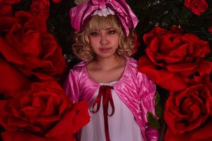 Rating: Safe Score: 0 Tags: 1girl blonde_hair bouquet curly_hair dress flower hat hinaichigo lips looking_at_viewer nose pink_rose red_flower red_rose rose short_hair smile solo upper_body User: admin