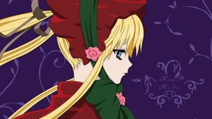 Rating: Safe Score: 0 Tags: 1girl blonde_hair blue_eyes bonnet bow dress expressionless flower image long_hair long_sleeves pink_flower pink_rose profile purple_background rose shinku sidelocks solo twintails upper_body User: admin