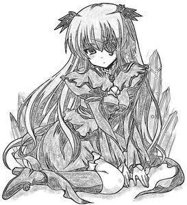 Rating: Safe Score: 0 Tags: 1girl barasuishou boots dress eyepatch frills greyscale image long_hair long_sleeves monochrome sitting solo traditional_media wariza User: admin