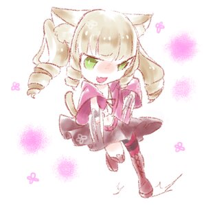 Rating: Safe Score: 0 Tags: 1girl animal_ears blonde_hair blush boots cat_ears chibi drill_hair fang green_eyes hinaichigo image skirt smile solo striped striped_legwear thighhighs twin_drills User: admin