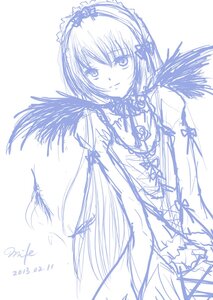 Rating: Safe Score: 0 Tags: 1girl akemi_homura closed_mouth dress feathers image long_hair looking_at_viewer monochrome ribbon simple_background smile solo suigintou white_background wings User: admin