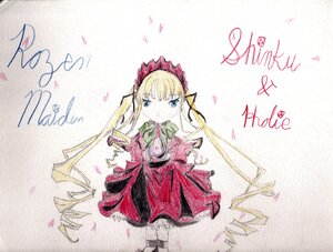 Rating: Safe Score: 0 Tags: 1girl blonde_hair blue_eyes blush bonnet bowtie dress drill_hair image long_hair long_sleeves looking_at_viewer petals red_dress shinku solo traditional_media User: admin