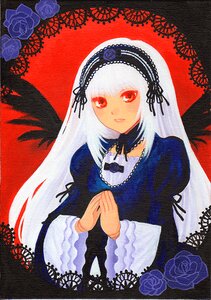 Rating: Safe Score: 0 Tags: 1girl black_flower black_rose black_wings blue_flower blue_rose dress feathers flower frills hairband image long_hair long_sleeves looking_at_viewer purple_flower purple_rose red_eyes red_flower red_rose rose solo suigintou traditional_media wings User: admin