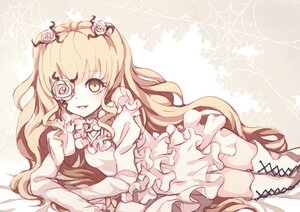 Rating: Safe Score: 0 Tags: 1girl blonde_hair boots cross-laced_footwear dress eyepatch flower frills hair_flower hair_ornament image kirakishou long_hair lying pink_rose rose solo thorns very_long_hair white_flower white_footwear white_rose yellow_eyes User: admin