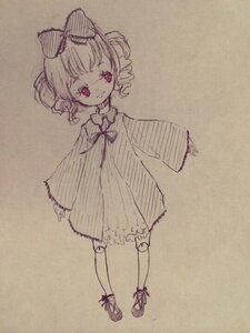 Rating: Safe Score: 0 Tags: 1girl bandaid bow brown_background dress drill_hair full_body hair_bow hinaichigo image long_sleeves looking_at_viewer monochrome shoes smile solo standing User: admin