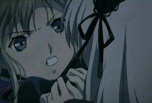 Rating: Safe Score: 0 Tags: 1girl blue_eyes close-up face hair_ribbon image looking_at_viewer pair ribbon shinku solo suigintou teeth User: admin
