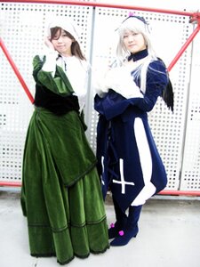 Rating: Safe Score: 0 Tags: 2boys dress facial_hair multiple_boys multiple_cosplay standing tagme white_hair User: admin