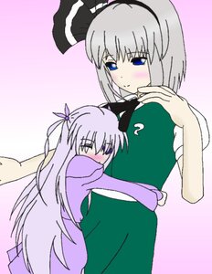 Rating: Safe Score: 0 Tags: 2girls barasuishou blue_eyes blush green_skirt hairband image konpaku_youmu long_hair multiple_girls silver_hair solo User: admin