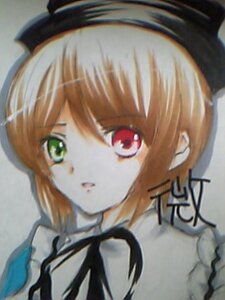 Rating: Safe Score: 0 Tags: 1girl dress gradient_hair green_eyes hat image looking_at_viewer red_eyes simple_background solo souseiseki traditional_media upper_body User: admin