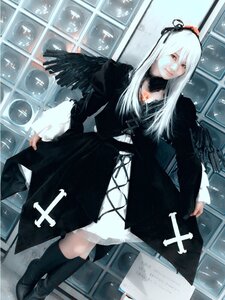 Rating: Safe Score: 0 Tags: 1girl black_dress black_legwear boots dress feathers hair_ribbon indoors long_hair long_sleeves ribbon solo standing suigintou thighhighs white_hair window wings User: admin