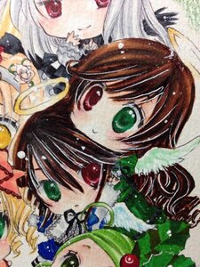 Rating: Safe Score: 0 Tags: 3girls 4girls brown_hair dress drill_hair flower frills green_eyes hat head_scarf heterochromia hina_ichigo image kanaria long_hair looking_at_viewer multiple_girls pair red_eyes ribbon rose short_hair siblings sisters smile souseiseki suigintou suiseiseki traditional_media twins wings User: admin