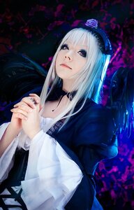 Rating: Safe Score: 0 Tags: 1girl choker doll_joints dress flower hairband hands_clasped holding_hands interlocked_fingers joints lips long_hair long_sleeves looking_at_viewer own_hands_together purple_eyes rose silver_hair solo solo_focus suigintou upper_body wings User: admin