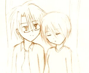 Rating: Safe Score: 0 Tags: 1boy 1girl bangs closed_eyes collared_shirt eyebrows_visible_through_hair glasses hair_between_eyes human image kashiwaba_tomoe long_sleeves monochrome pair sakurada_jun shirt simple_background striped striped_shirt upper_body vertical_stripes User: admin