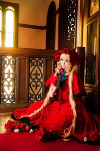 Rating: Safe Score: 0 Tags: 1girl blonde_hair blue_eyes bonnet dress drill_hair flower indoors long_hair red_dress red_flower red_rose rose shinku sitting solo very_long_hair window User: admin