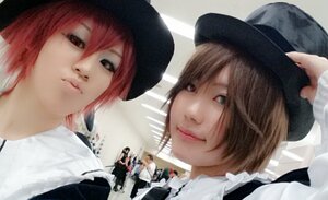 Rating: Safe Score: 0 Tags: black_eyes black_headwear blonde_hair brown_hair closed_mouth hat lips looking_at_viewer maid multiple_cosplay multiple_girls realistic red_hair short_hair smile tagme top_hat User: admin