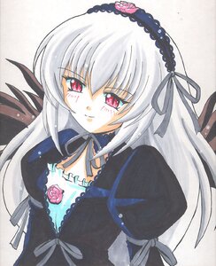 Rating: Safe Score: 3 Tags: 1girl artist_request black_dress black_ribbon blush brown_wings detached_collar dress flower frills from_above grey_background hairband image lolita_hairband long_hair long_sleeves looking_at_viewer lowres marker_(medium) pink_eyes pink_flower puffy_sleeves ribbon rose rozen_maiden silver_hair simple_background smile solo suigintou traditional_media upper_body very_long_hair wings User: admin