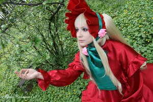 Rating: Safe Score: 0 Tags: 1girl artist_name auto_tagged blonde_hair blue_eyes bonnet bush capelet dress flower lips long_hair long_sleeves nature outdoors outstretched_arm red_capelet red_dress rose shinku solo User: admin