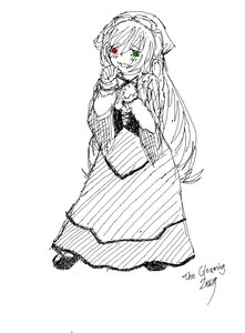 Rating: Safe Score: 0 Tags: 1girl artist_name dated dress heterochromia image long_hair long_sleeves looking_at_viewer monochrome red_eyes signature smile solo spot_color suiseiseki white_background User: admin