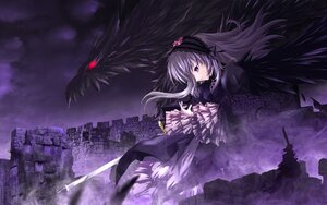 Rating: Safe Score: 0 Tags: 1girl black_wings dress flower frills hairband image long_hair long_sleeves purple_eyes ribbon rose solo suigintou weapon wings User: admin